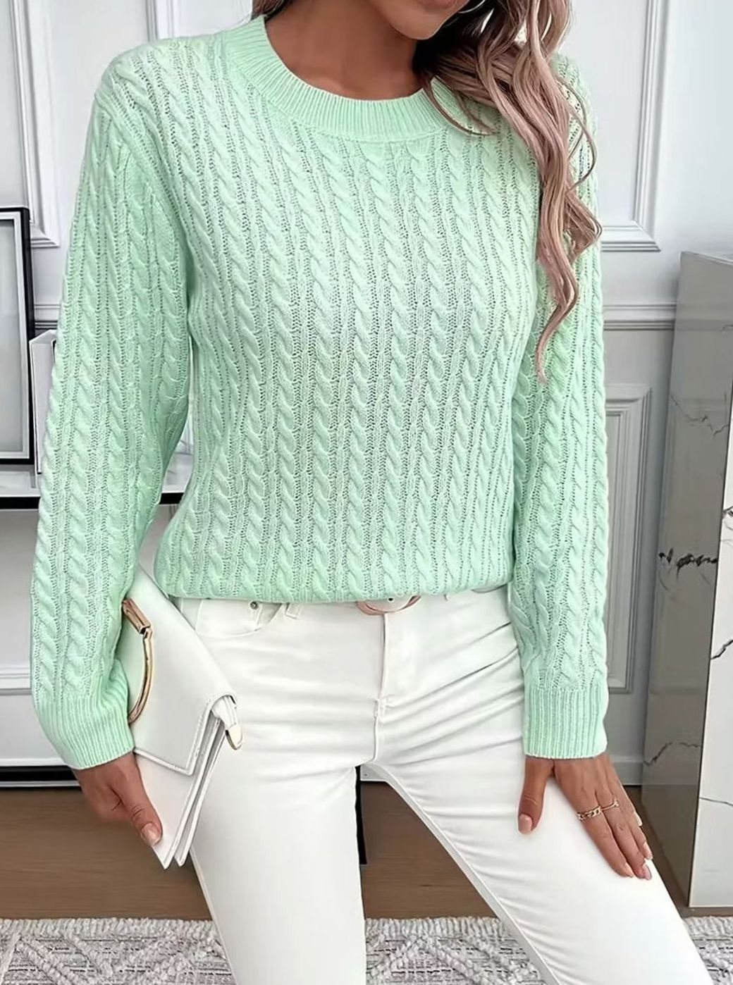 Damen Gemütlicher Winter-Zopfmuster-Strickpullover Rundhals