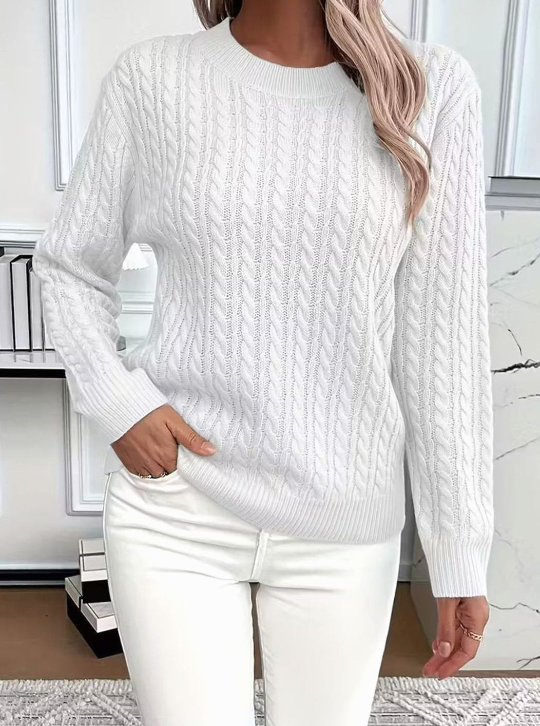Damen Gemütlicher Winter-Zopfmuster-Strickpullover Rundhals - Weiß