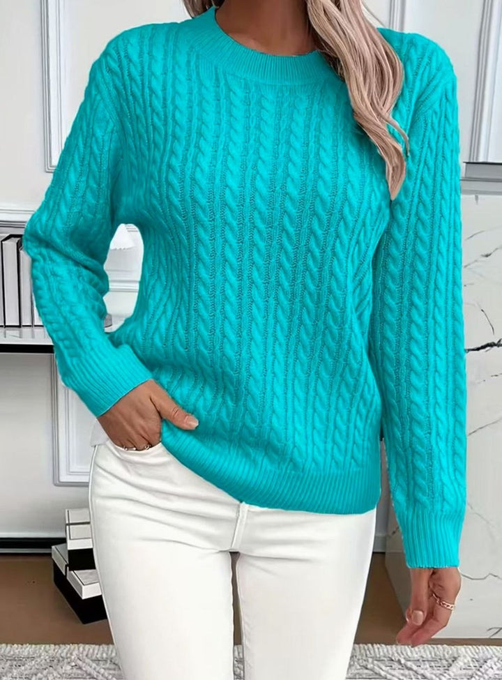Damen Gemütlicher Winter-Zopfmuster-Strickpullover Rundhals - Blau