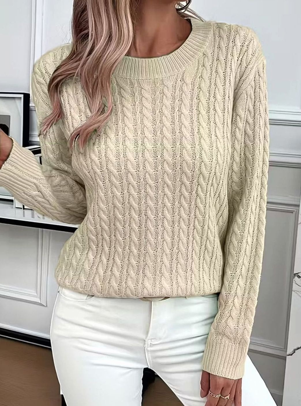 Damen Gemütlicher Winter-Zopfmuster-Strickpullover Rundhals - Khaki