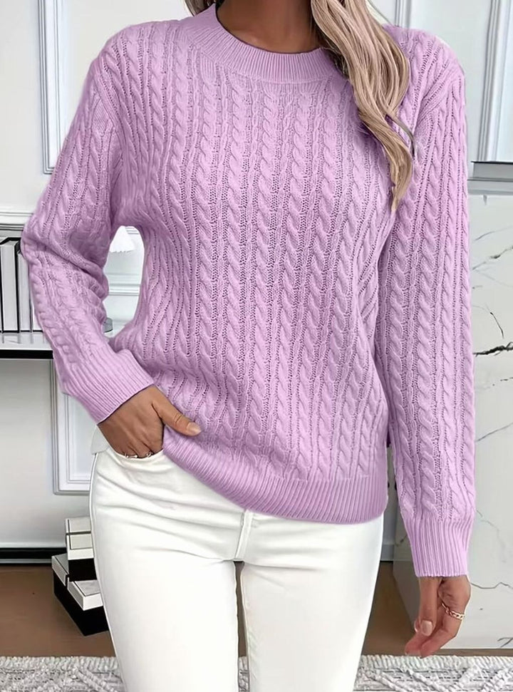 Damen Gemütlicher Winter-Zopfmuster-Strickpullover Rundhals - Lila