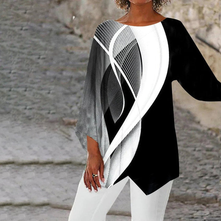 Damen Geometrisch-Gemustertes Langarm-Tunika Oberteil - Schwarz und Weiß
