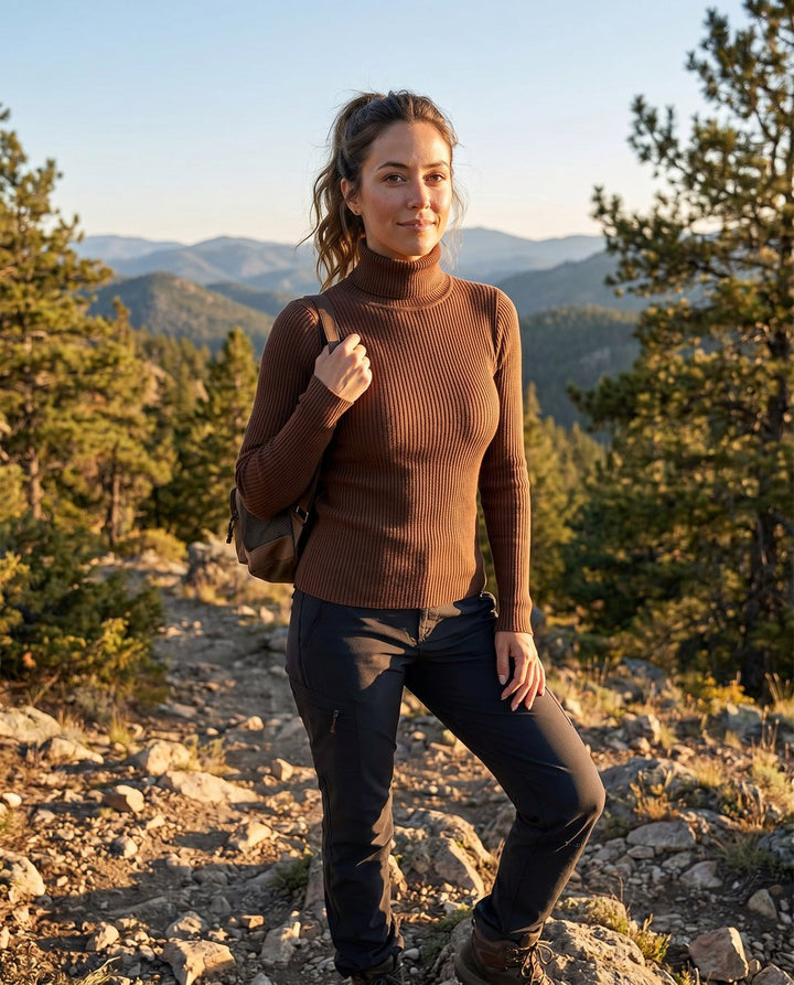 Damen Gerippter Rollkragen Strick Sweater Frühjahr - Dunkelbraun