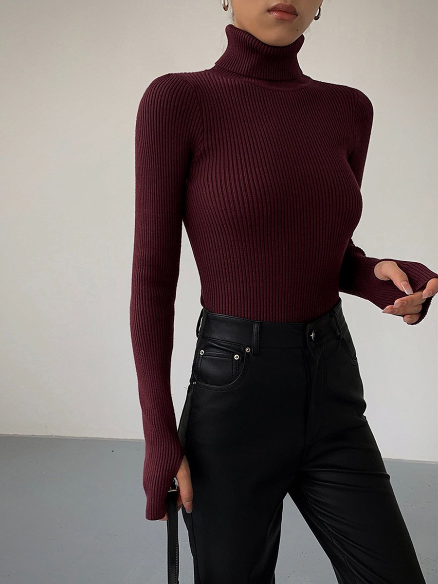 Damen Gerippter Rollkragen Strick Sweater Frühjahr