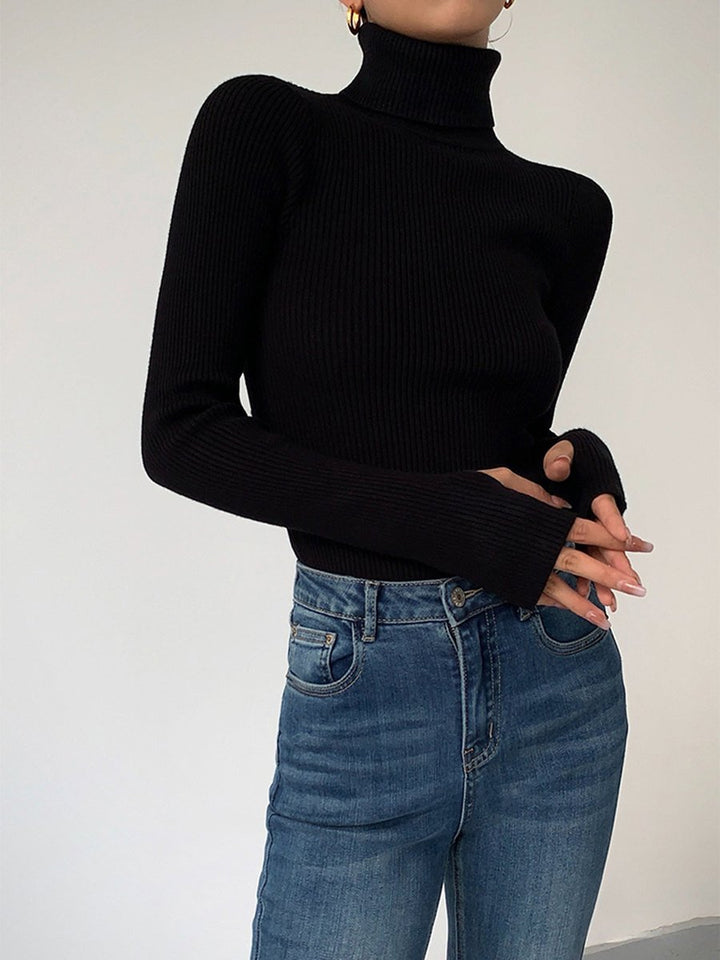 Damen Gerippter Rollkragen Strick Sweater Frühjahr - Schwarz