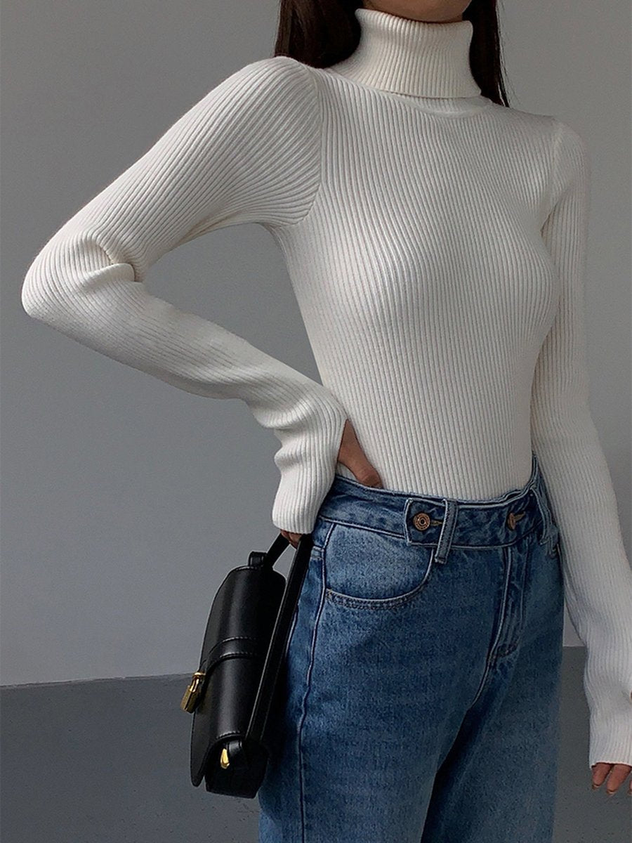 Damen Gerippter Rollkragen Strick Sweater Frühjahr - Weiß