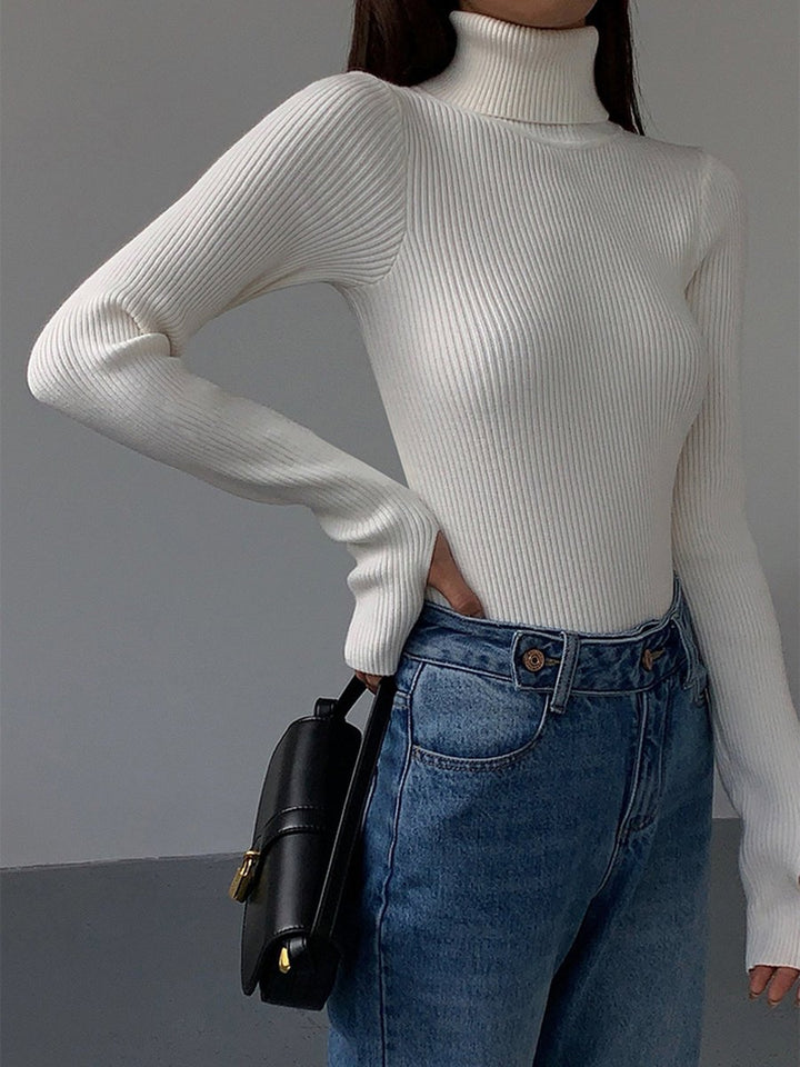 Damen Gerippter Rollkragen Strick Sweater Frühjahr - Weiß