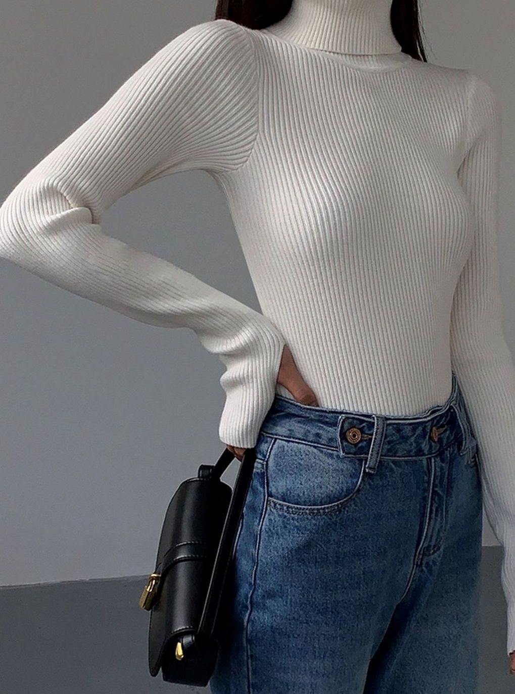 Damen Gerippter Rollkragenpullover Enganliegend Langarm Strick - Weiß
