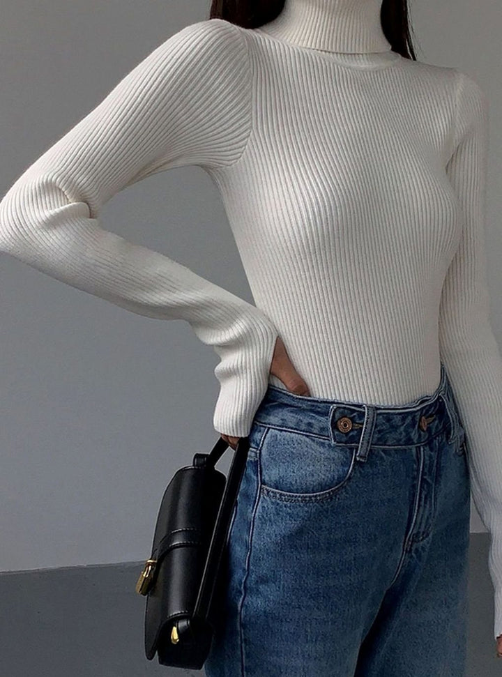 Damen Gerippter Rollkragenpullover Enganliegend Langarm Strick - Weiß