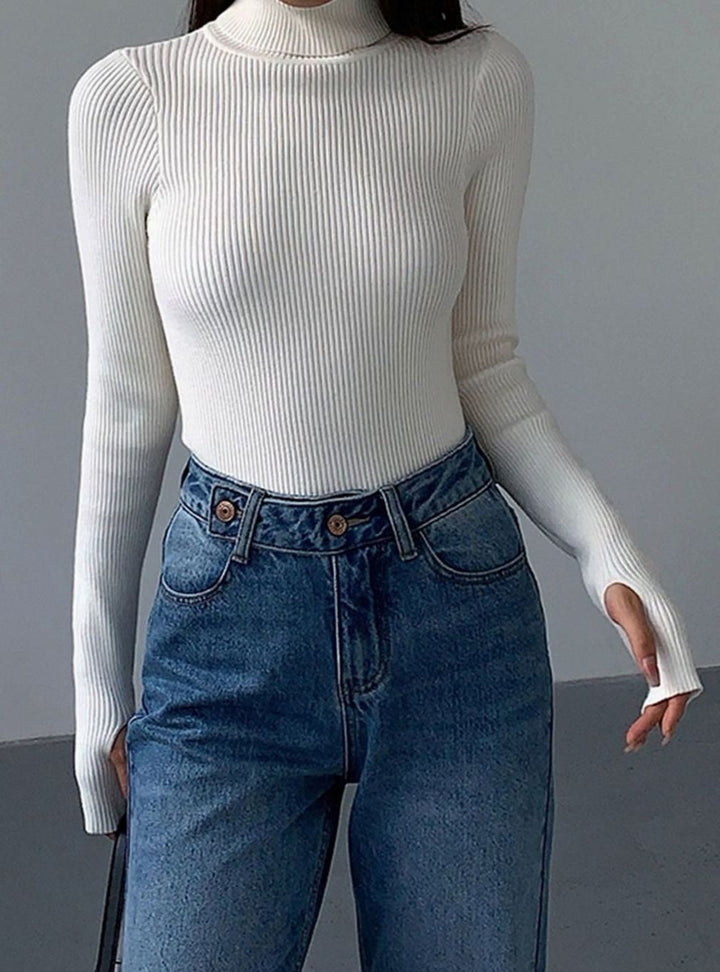 Damen Gerippter Rollkragenpullover Enganliegend Langarm Strick