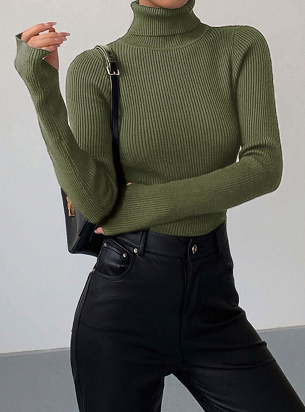 Damen Gerippter Rollkragenpullover Enganliegend Langarm Strick - Grün