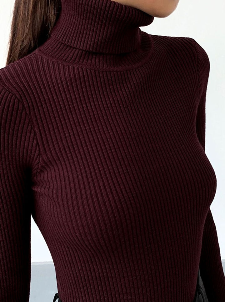 Damen Gerippter Rollkragenpullover Enganliegend Langarm Strick