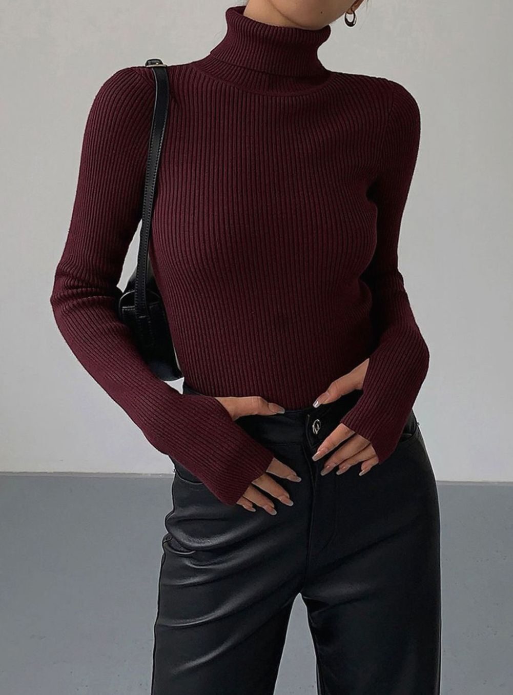 Damen Gerippter Rollkragenpullover Enganliegend Langarm Strick