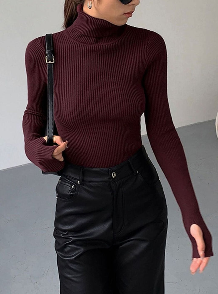 Damen Gerippter Rollkragenpullover Enganliegend Langarm Strick