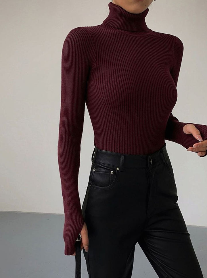 Damen Gerippter Rollkragenpullover Enganliegend Langarm Strick