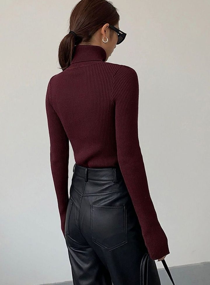 Damen Gerippter Rollkragenpullover Enganliegend Langarm Strick