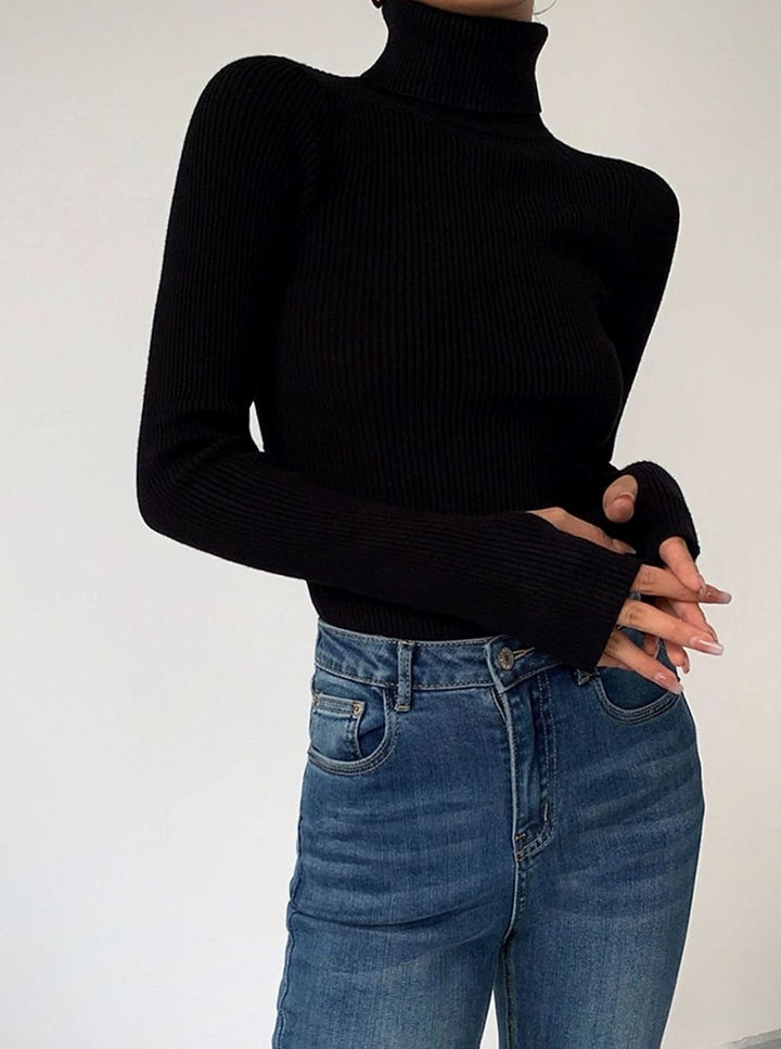 Damen Gerippter Rollkragenpullover Enganliegend Langarm Strick - Schwarz