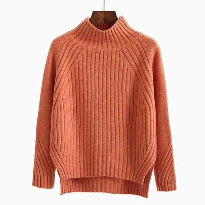 Damen Gerippter Strickpullover mit hohem Kragen Langarm Winterpullover - Orange