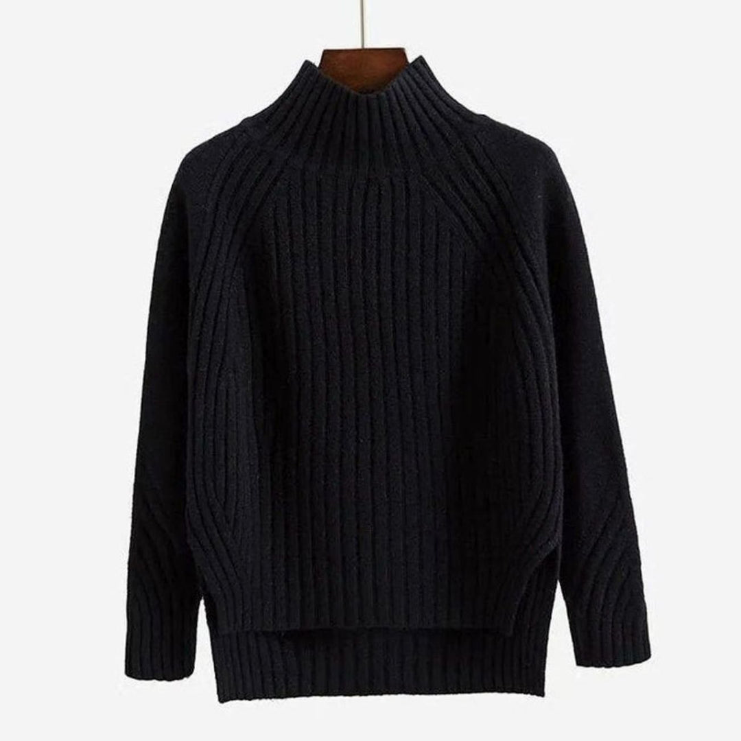 Damen Gerippter Strickpullover mit hohem Kragen Langarm Winterpullover - Schwarz