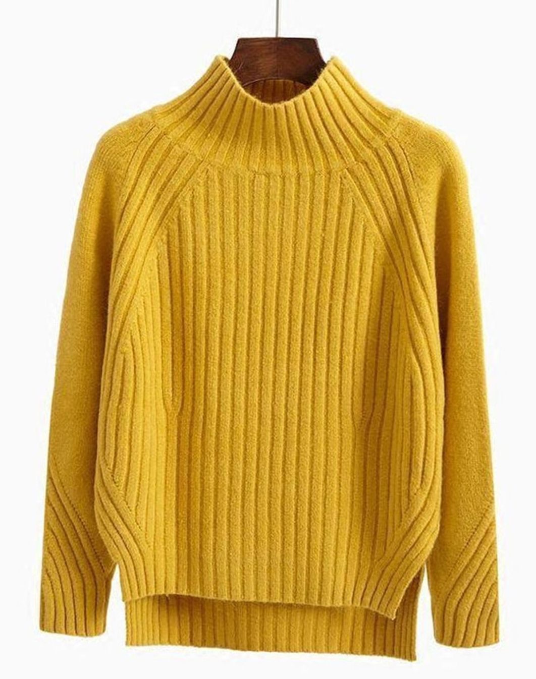 Damen Gerippter Strickpullover mit hohem Kragen Langarm Winterpullover - Gelb