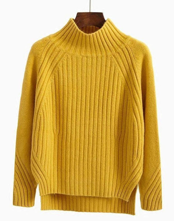Damen Gerippter Strickpullover mit hohem Kragen Langarm Winterpullover - Gelb