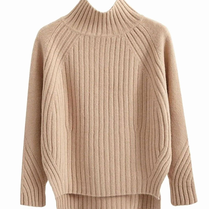 Damen Gerippter Strickpullover mit hohem Kragen Langarm Winterpullover - Khaki