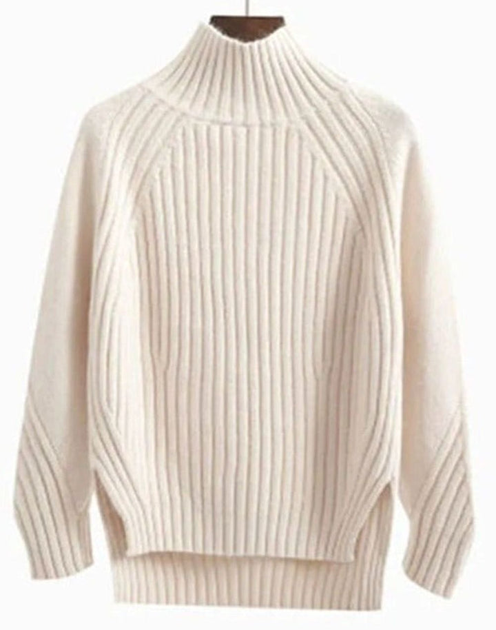 Damen Gerippter Strickpullover mit hohem Kragen Langarm Winterpullover - Beige