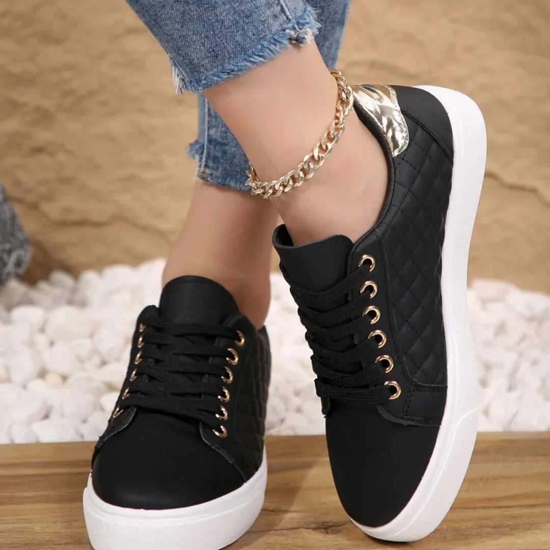 Damen Gesteppte Schnür-Sneaker mit Golddetails Flache Plateausohle