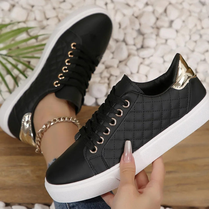 Damen Gesteppte Schnür-Sneaker mit Golddetails Flache Plateausohle