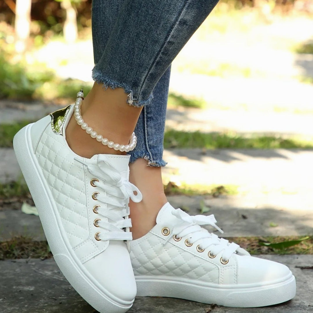 Damen Gesteppte Schnür-Sneaker mit Golddetails Flache Plateausohle