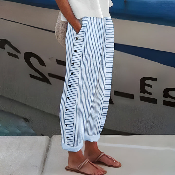 Damen Gestreifte Entspannte Hose mit Seitentaschen - Blue