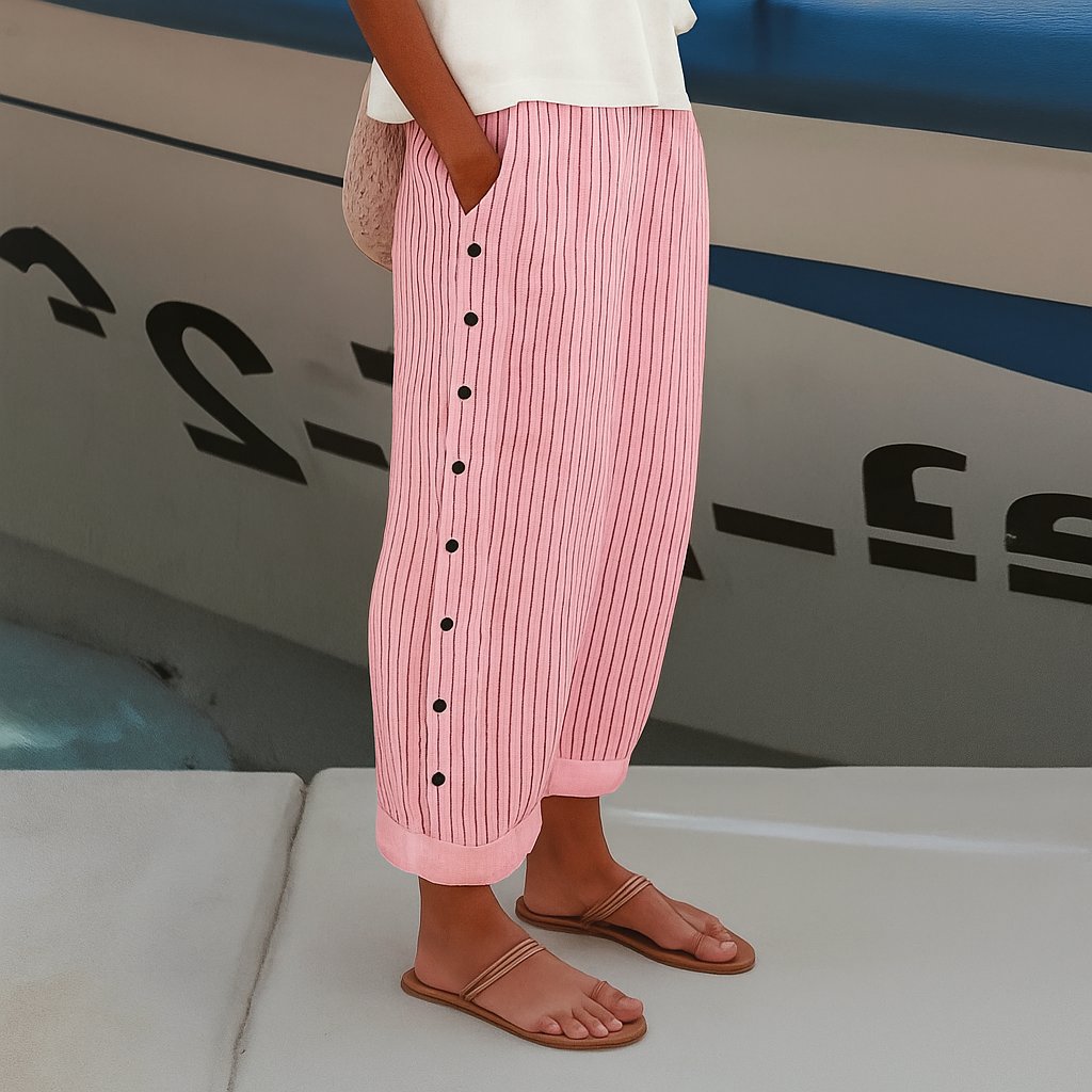 Damen Gestreifte Entspannte Hose mit Seitentaschen - Pink