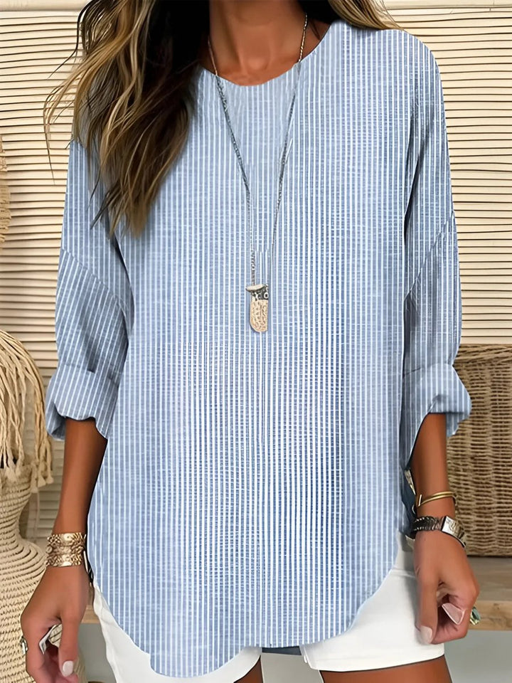 Damen Gestreifte Langarm Bluse mit Rundhalsausschnitt Casual - Blau