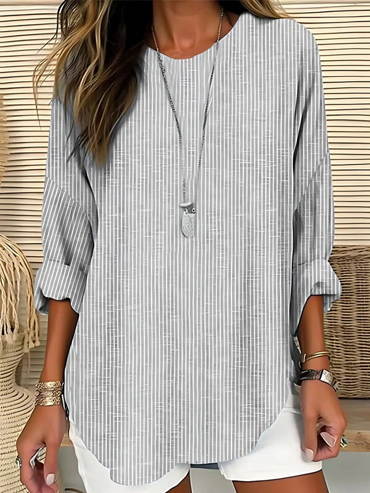 Damen Gestreifte Langarm Bluse mit Rundhalsausschnitt Casual - Grau