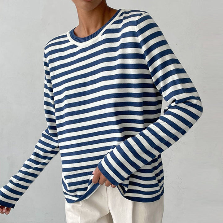 Damen Gestreifter Langarm Relaxed-Fit Rundhals Sweater - Blau