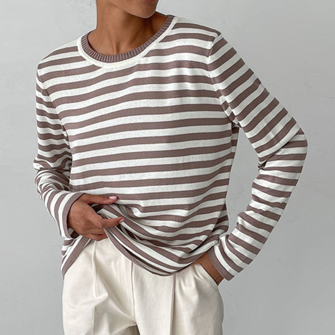 Damen Gestreifter Langarm Relaxed-Fit Rundhals Sweater - Braun