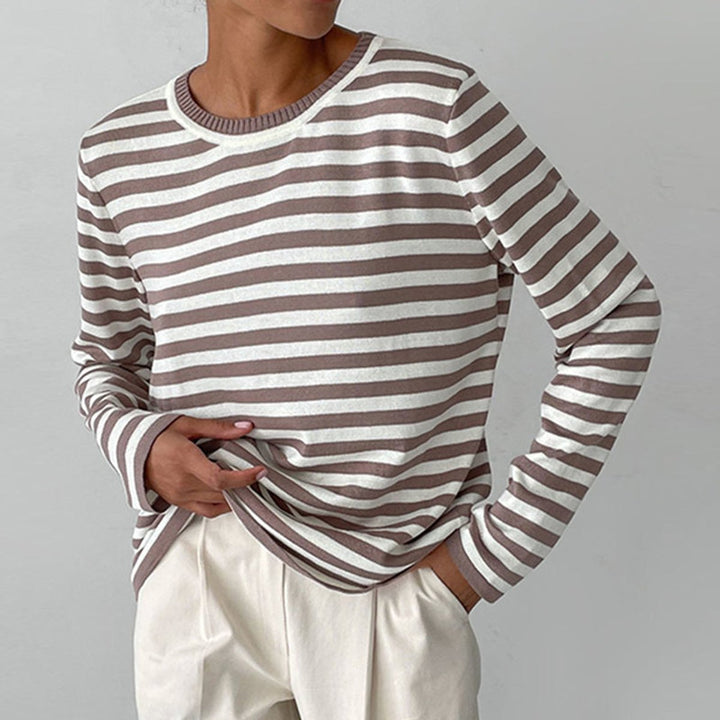 Damen Gestreifter Langarm Relaxed-Fit Rundhals Sweater - Braun