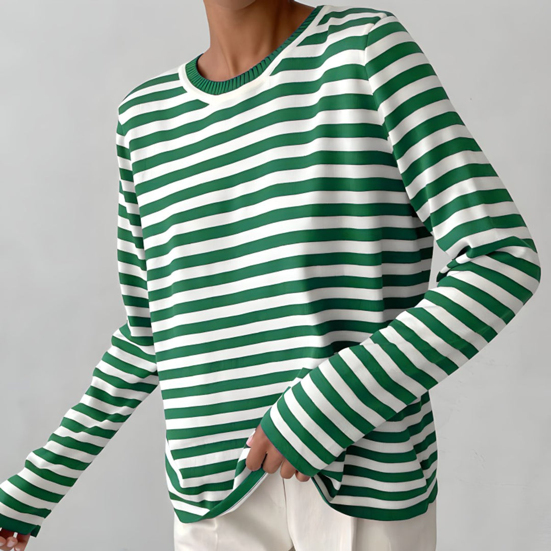 Damen Gestreifter Langarm Relaxed-Fit Rundhals Sweater - Grün