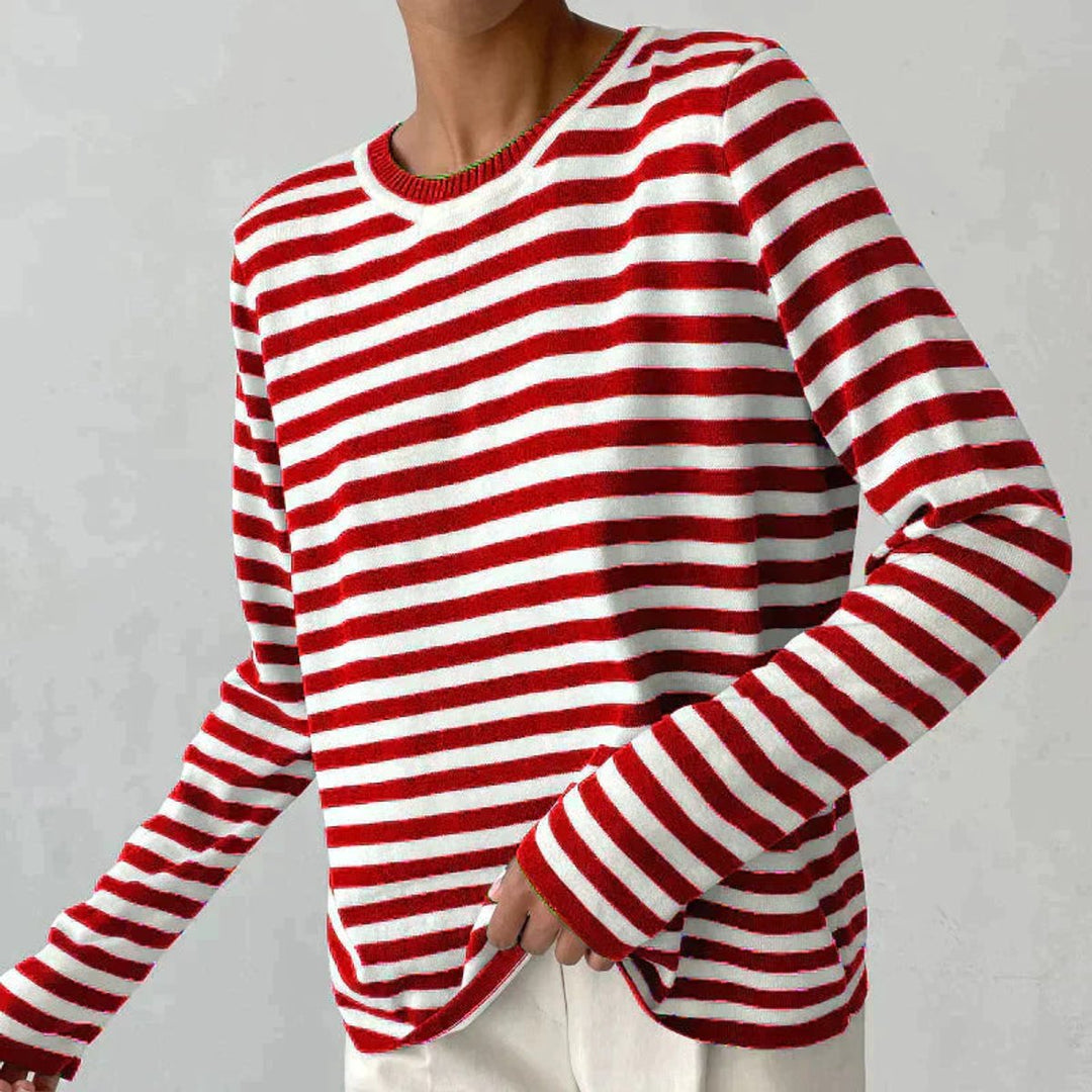 Damen Gestreifter Langarm Relaxed-Fit Rundhals Sweater - Rot