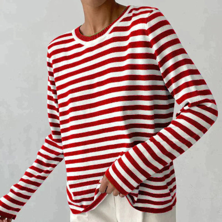 Damen Gestreifter Langarm Relaxed-Fit Rundhals Sweater - Rot