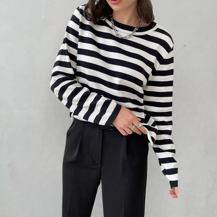 Damen Gestreifter Langarm Relaxed-Fit Rundhals Sweater - Schwarz