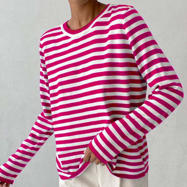 Damen Gestreifter Langarm Relaxed-Fit Rundhals Sweater - Rosa