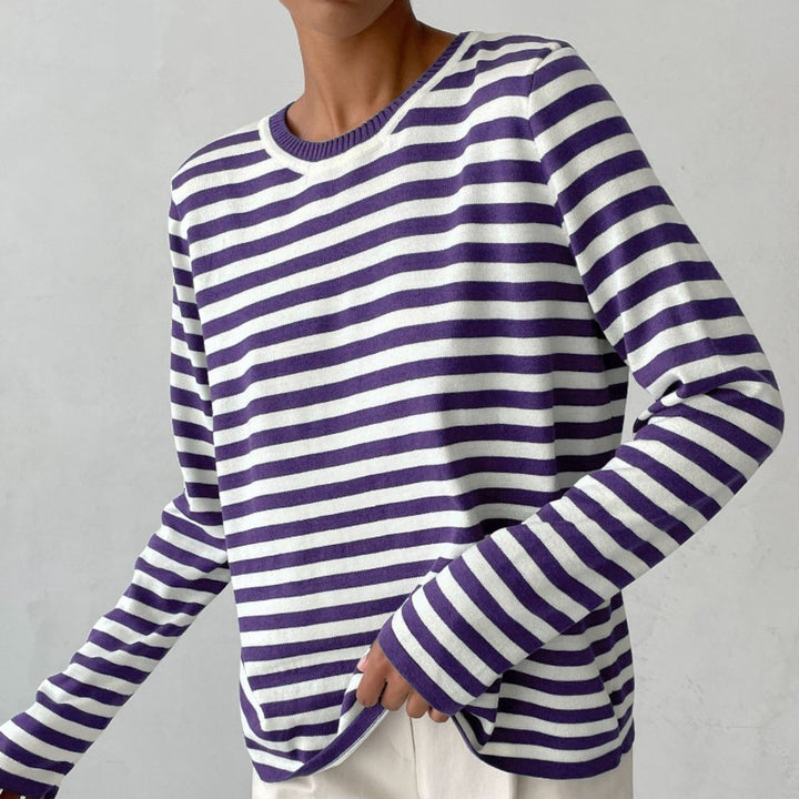 Damen Gestreifter Langarm Relaxed-Fit Rundhals Sweater - Lila