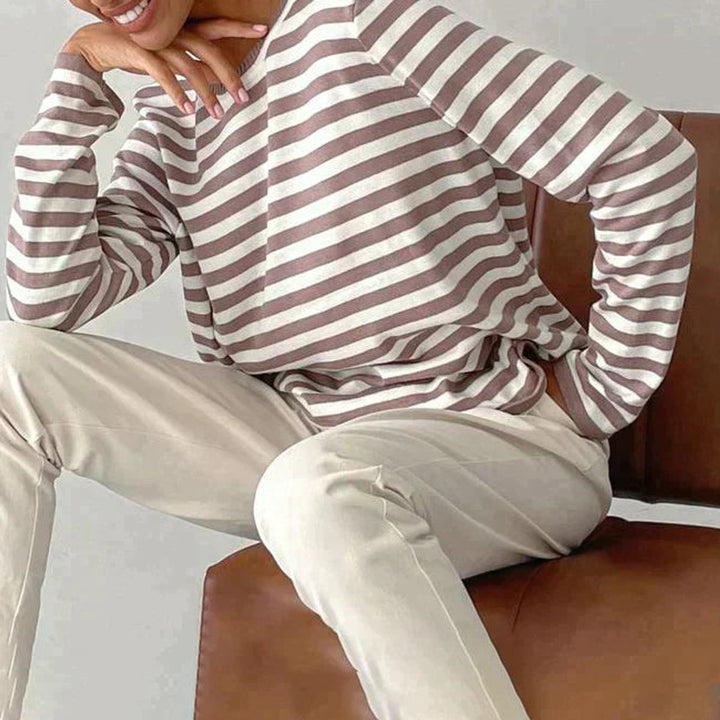 Damen Gestreifter Langarm Relaxed-Fit Rundhals Sweater