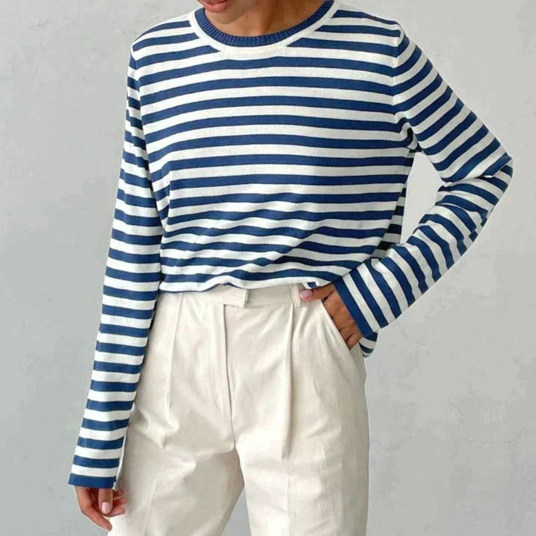 Damen Gestreifter Langarm Relaxed-Fit Rundhals Sweater