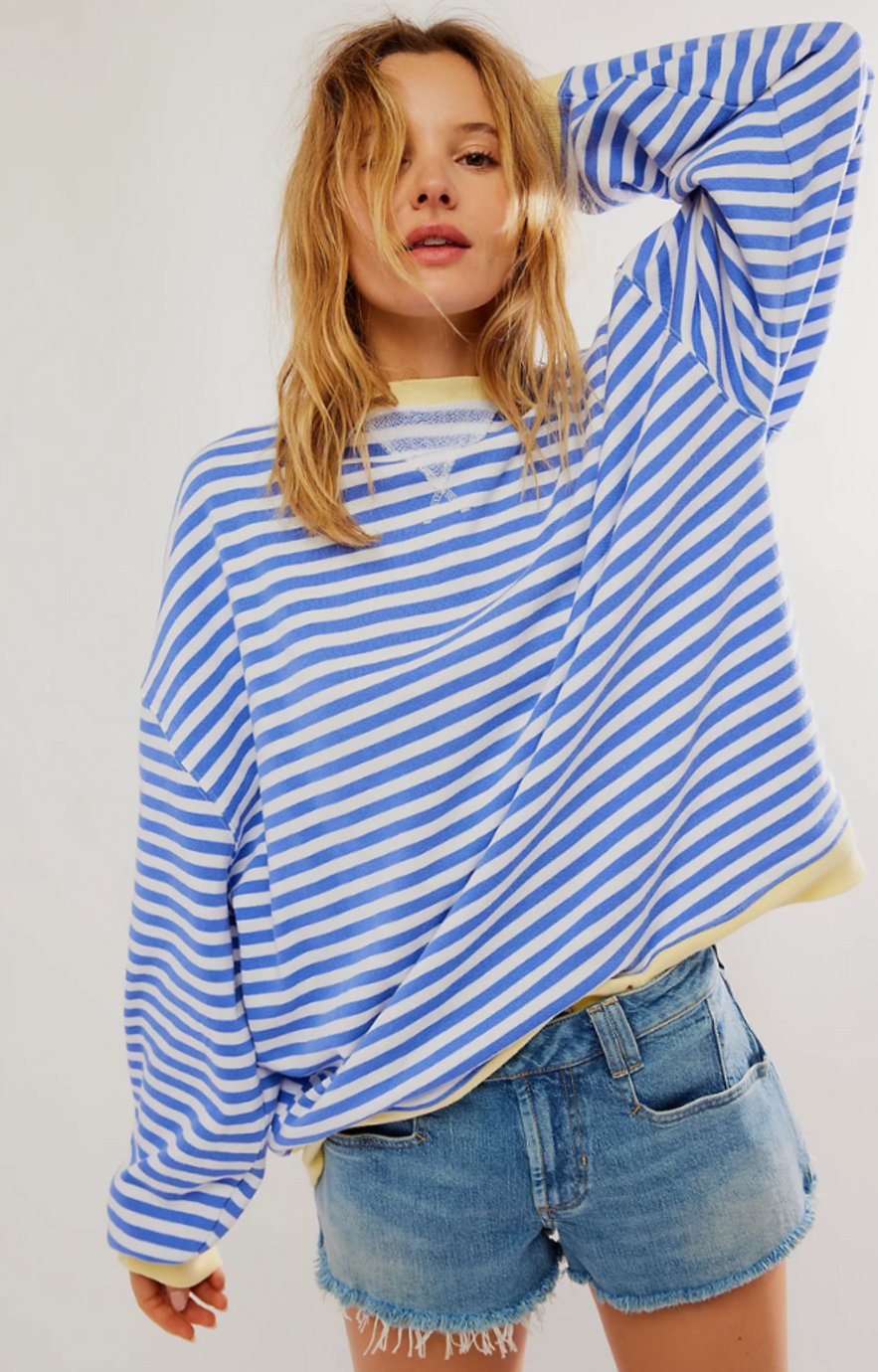 Damen Gestreifter Rundhals-Pullover für den Frühling - Himmelblau