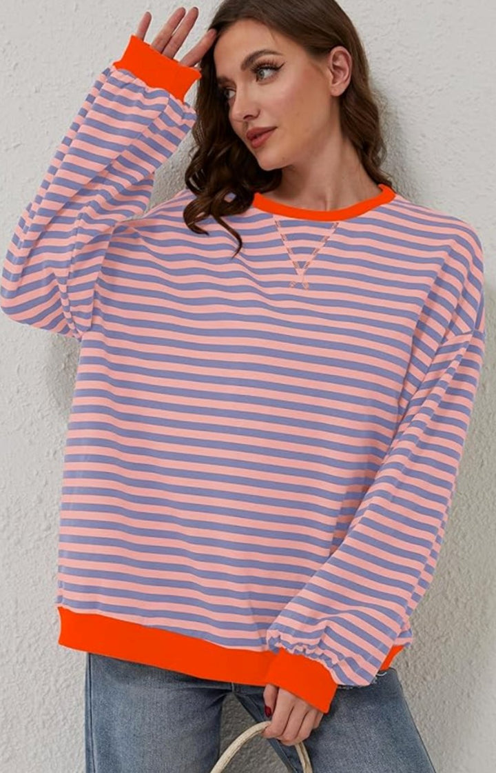 Damen Gestreifter Rundhals-Pullover für den Frühling - Orange und Blau