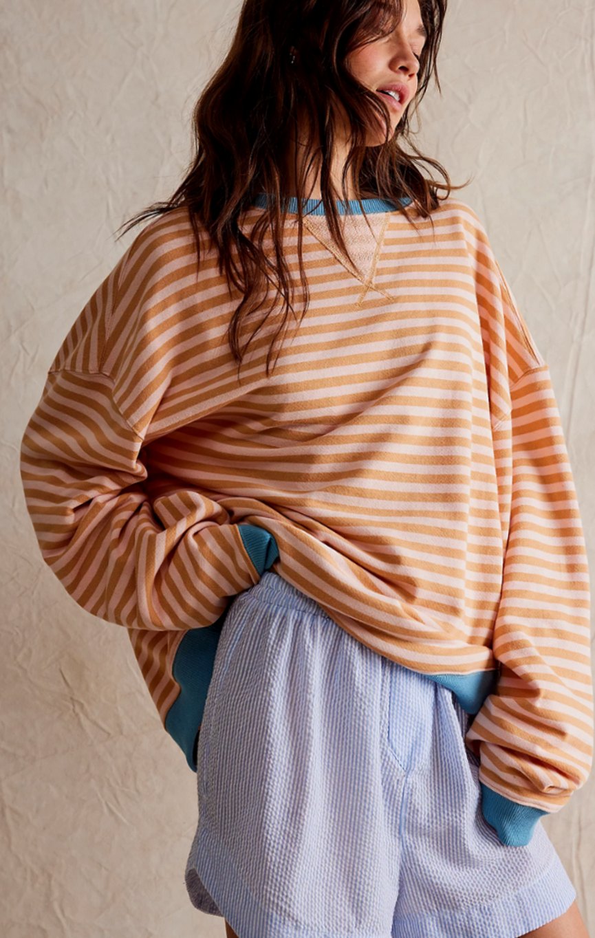 Damen Gestreifter Rundhals-Pullover für den Frühling - Orangefarbene Streifen