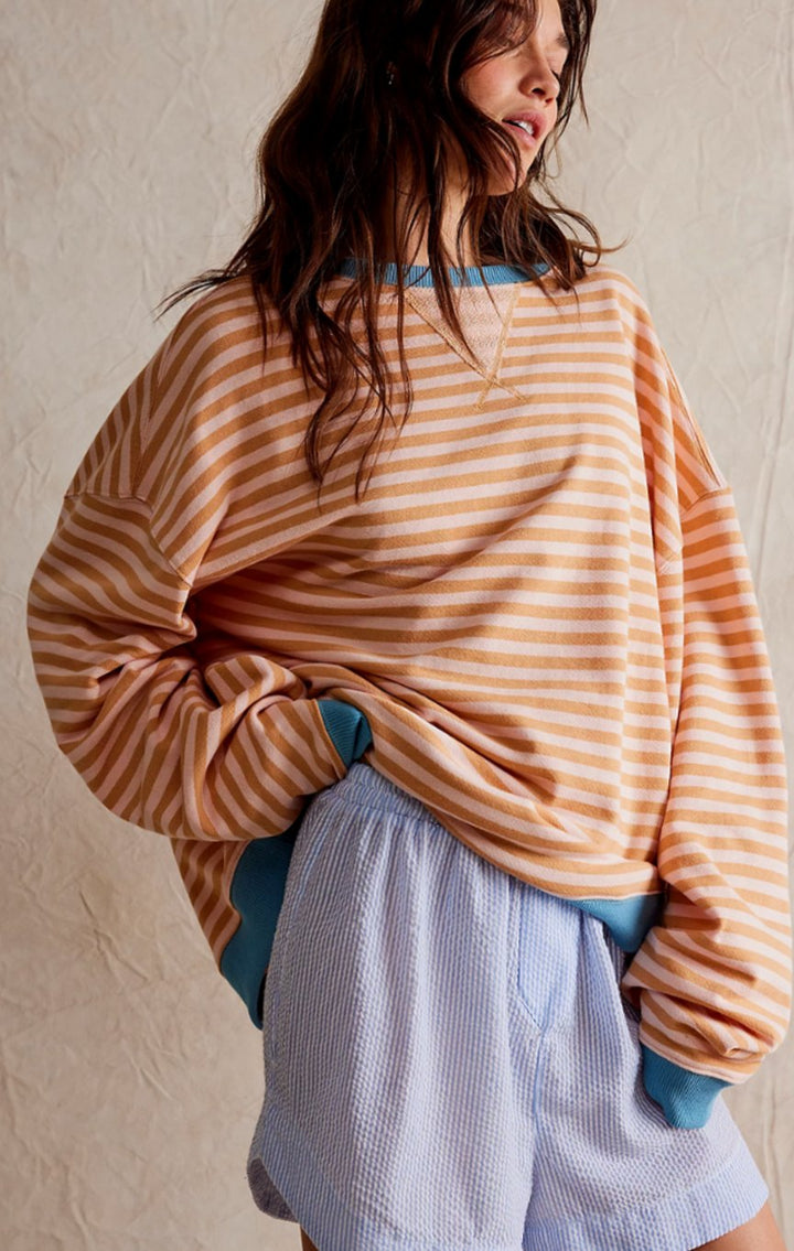 Damen Gestreifter Rundhals-Pullover für den Frühling - Orangefarbene Streifen
