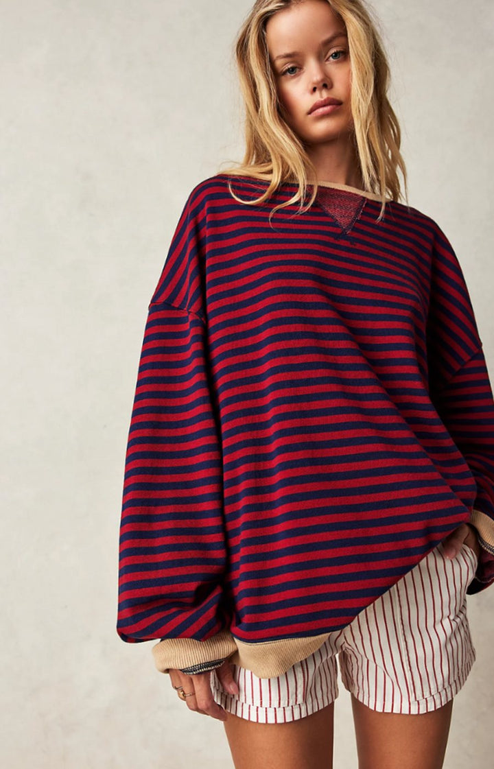 Damen Gestreifter Rundhals-Pullover für den Frühling - Schwarz und Rot